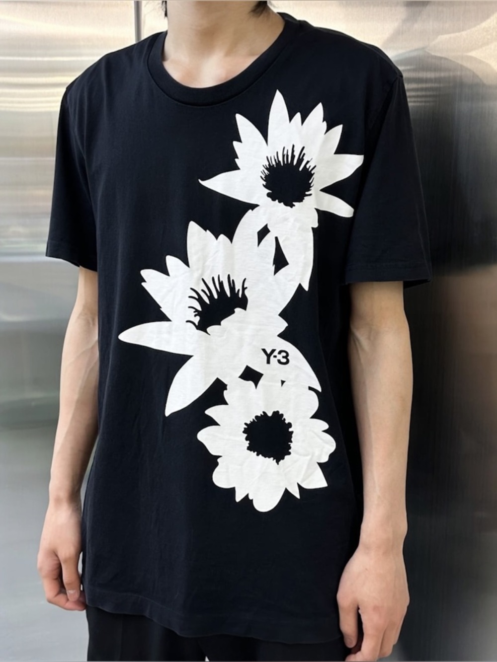 RARE Adidas x Yohji Yamamoto Y-3 Black & White Floral Graphic T-Shirt *FLAWED*